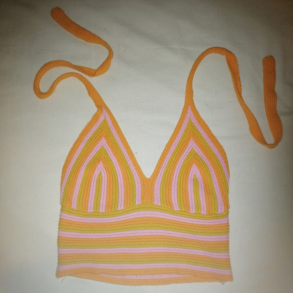 Stitch & pine pink yellow and orange crochet knit crop top size medium